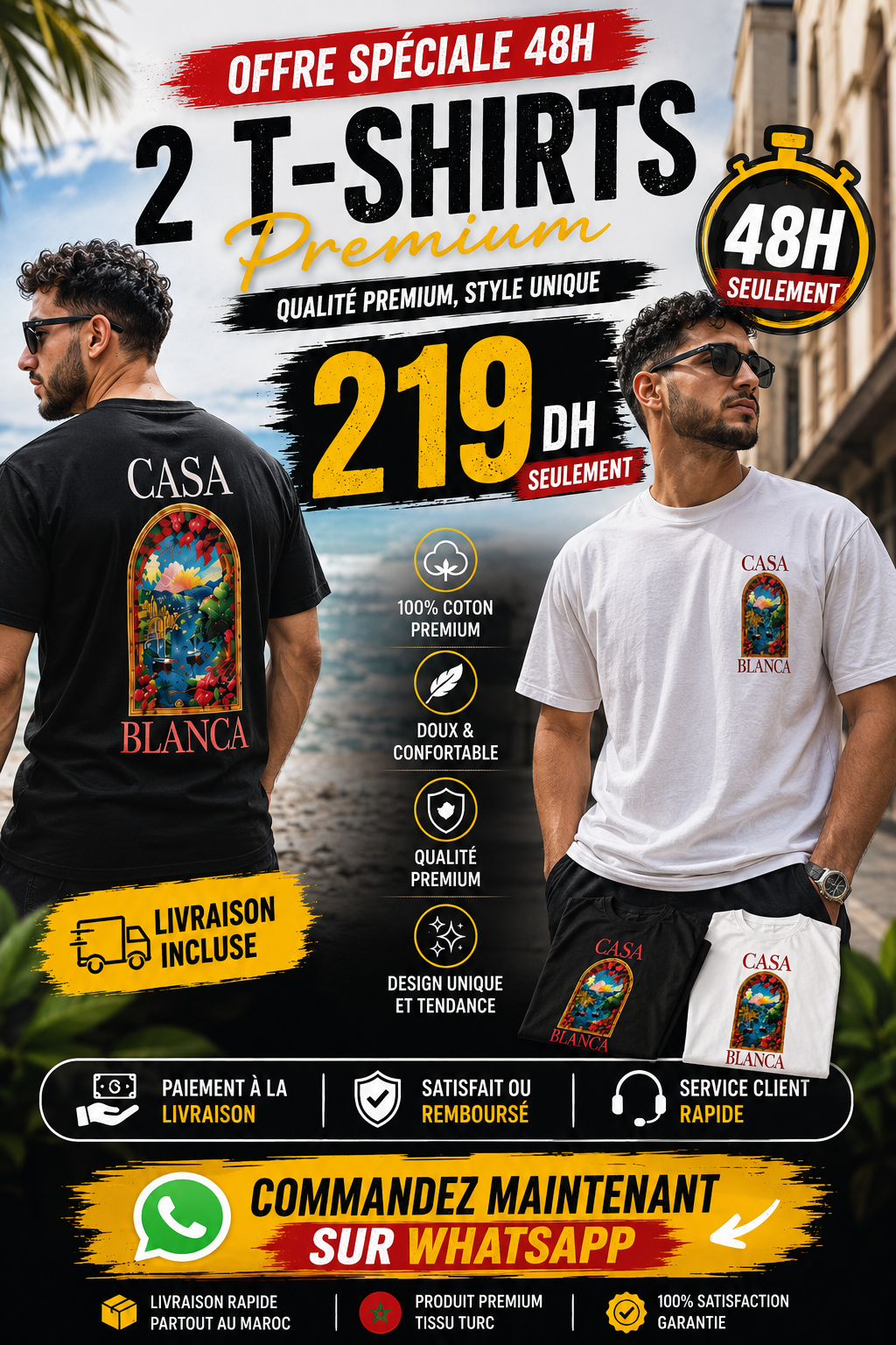👕 Pack Duo Casa Blanca | 2 T-Shirts Premium à 219 DH