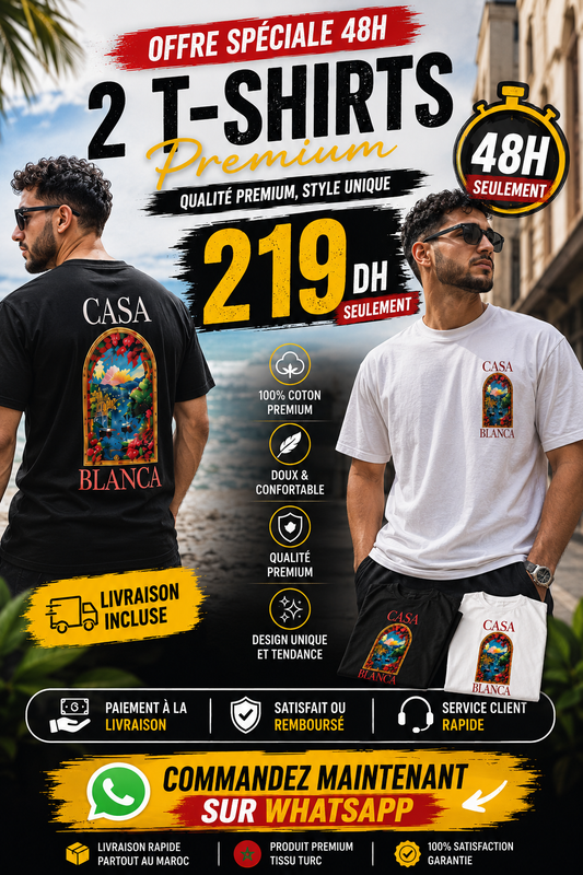 👕 Pack Duo Casa Blanca | 2 T-Shirts Premium à 219 DH